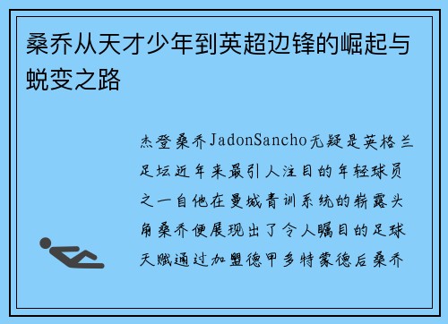 桑乔从天才少年到英超边锋的崛起与蜕变之路 桑乔从天才少年到英超边锋的崛起与蜕变之路