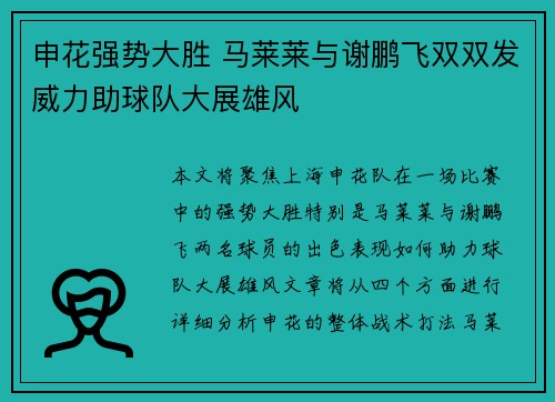 申花强势大胜 马莱莱与谢鹏飞双双发威力助球队大展雄风